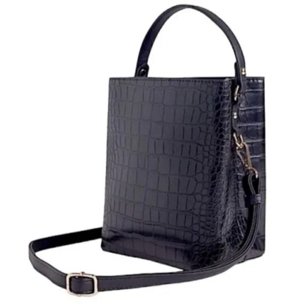 AOTA Croc-Embossed Vegan Leather Bucket Bag with Tassel Charm Black